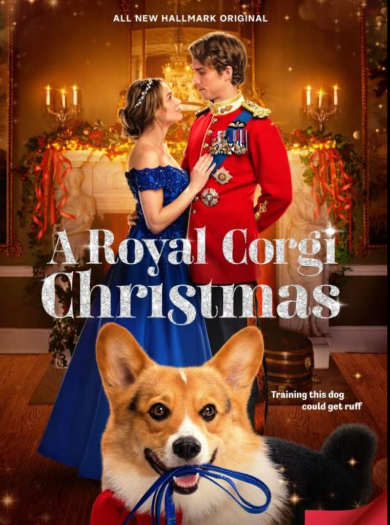 Leads in their ball attire standing facing each other with decorations behind them and title at waist level. Mistletoe is sitting on the floor with the leash in his mouth. the tagline says: Training this dog could get ruff.