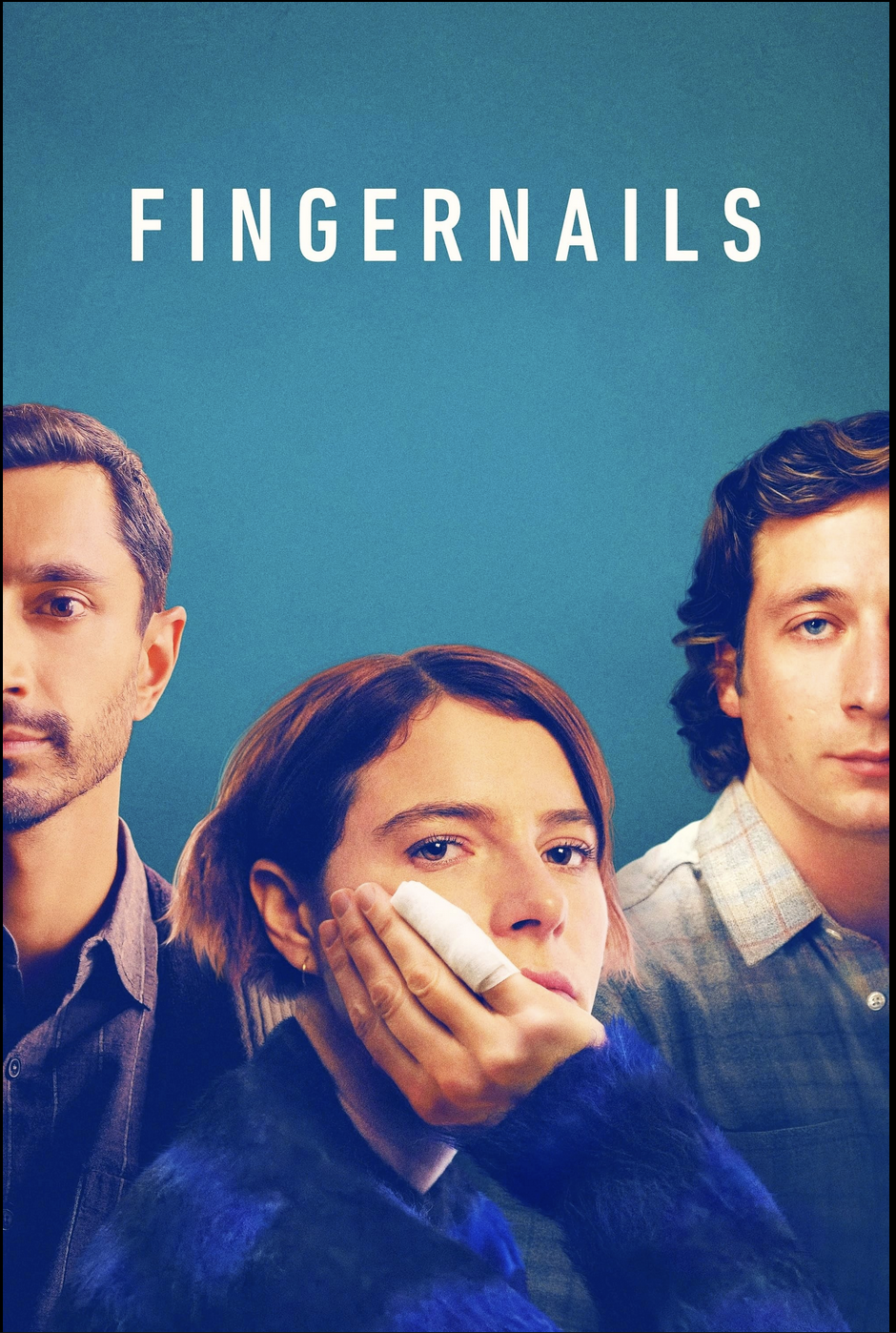 Jesse Buckley in the front with her hand on her cheeck, her pinky bandaged. Riz Ahmed and Jeremy Allen White are behind her, both with half their faces cut off. The background is teal and the title letters are white.