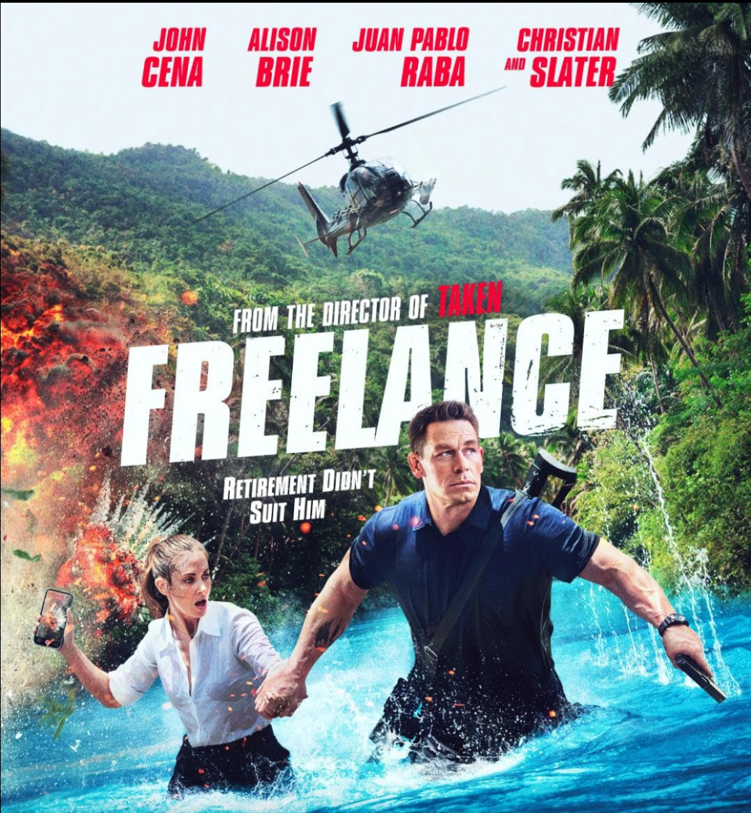 Claire and Mason crossing a river as something explodes behind them and a helicopter flies overhead. He has a handgun in his hand an larger gun strapped to his back. She is holding her phone. The text has the main actors' names across the top and then reads: FROM THE DIRECTOR OF TAKEN, FREELANCE "RETIREMENT DIDN'T SUIT HIM."