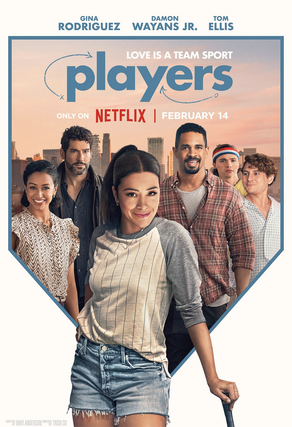 Mack in a baseball-style shirt leaning on a bat standing in front of a baseball diamond-shaped outline around the rest of the cast. The text has Gina Rodriguez, Damon Wayans, Tom Ellis LOVE IS A TEAM SPORT PLAYERS ONLY ON NETFLIX FEBRUARY 14