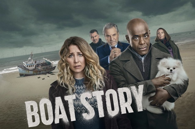 On a beach with a fishing boat and black packets of cocaine, stand Guy, The Tailor, Pat, Janet and Samuel (who is holding his pomeranian). The title (styled to look like cocaine starting to blow away) is below.